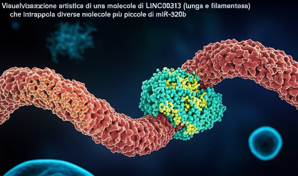 Visualizzazione artistica di una molecola di LINC00313 (lunga e filamentosa) che intrappola diverse molecole più piccole di miR-320b. Sfondo scuro con elementi cellulari stilizzati. Obiettivo macro 60mm per dettaglio molecolare, illuminazione laterale per creare ombre e profondità, high detail.