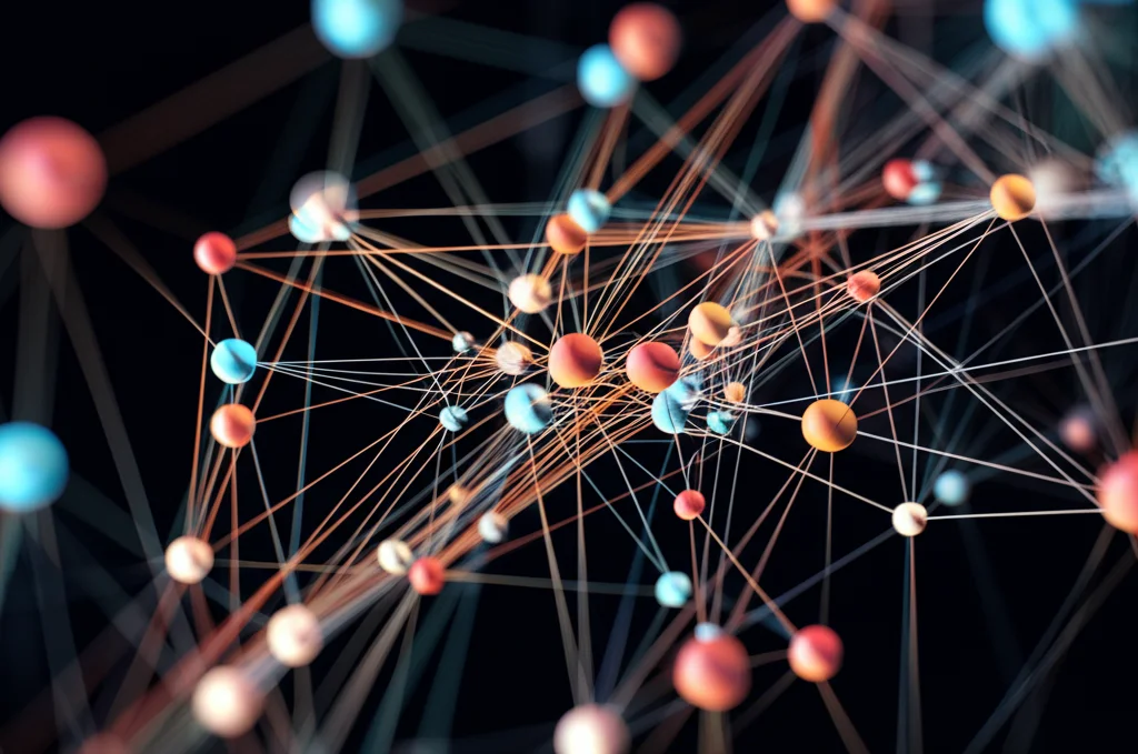 Visualizzazione astratta di una rete complessa che rappresenta le interazioni in una popolazione strutturata per età, con elementi che si diffondono gradualmente nello spazio. Macro lens, 80mm, high detail, controlled lighting, colori vivaci ma armoniosi che suggeriscono complessità e interconnessione.