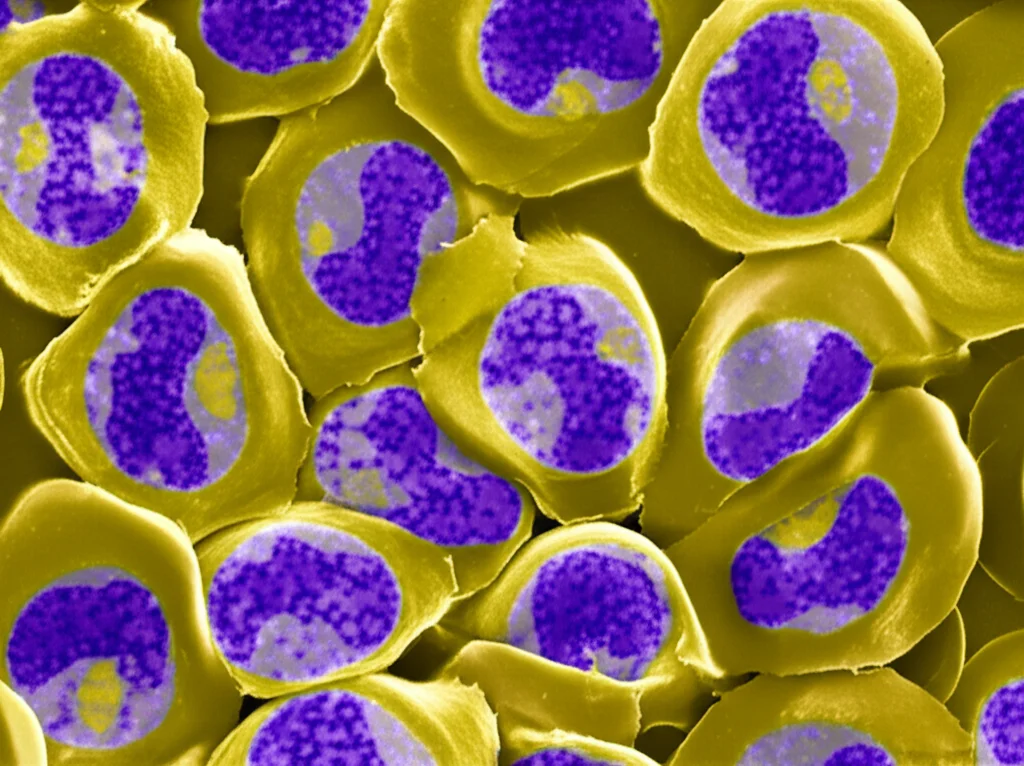 Primo piano macro di linfociti T suini, illuminazione da laboratorio controllata, alta definizione dei dettagli cellulari, obiettivo macro 90mm, che evidenzia le membrane cellulari e i nuclei, su sfondo leggermente sfocato per profondità di campo.