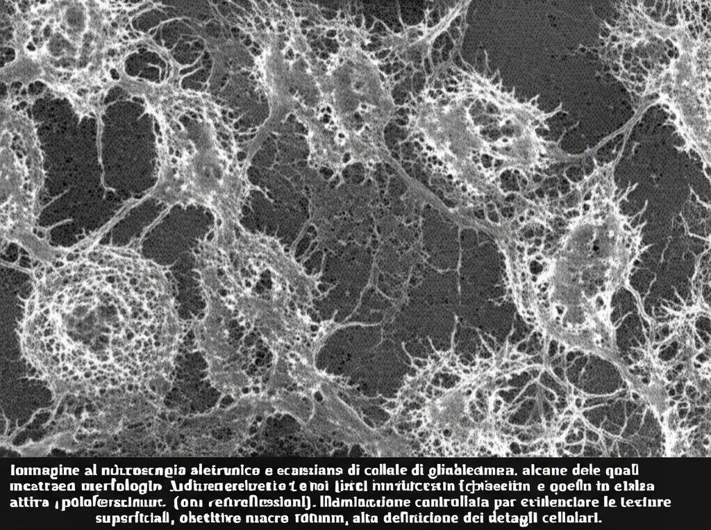 Immagine al microscopio elettronico a scansione di cellule di glioblastoma, alcune delle quali mostrano morfologie indicative di quiescenza (più piccole, arrotondate) rispetto a quelle in attiva proliferazione (più grandi, con estroflessioni). Illuminazione controllata per evidenziare le texture superficiali, obiettivo macro 100mm, alta definizione dei dettagli cellulari.