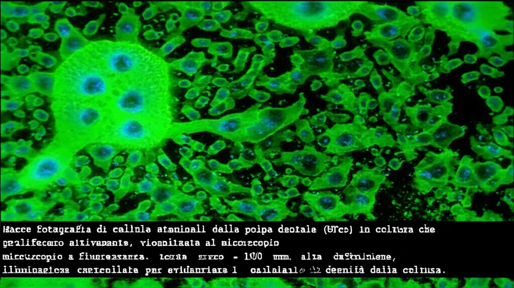 Macro fotografia di cellule staminali della polpa dentale (DPCs) in coltura che proliferano attivamente, visualizzate al microscopio a fluorescenza. Lente macro 100mm, alta definizione, illuminazione controllata per evidenziare i nuclei cellulari e la densità della coltura.