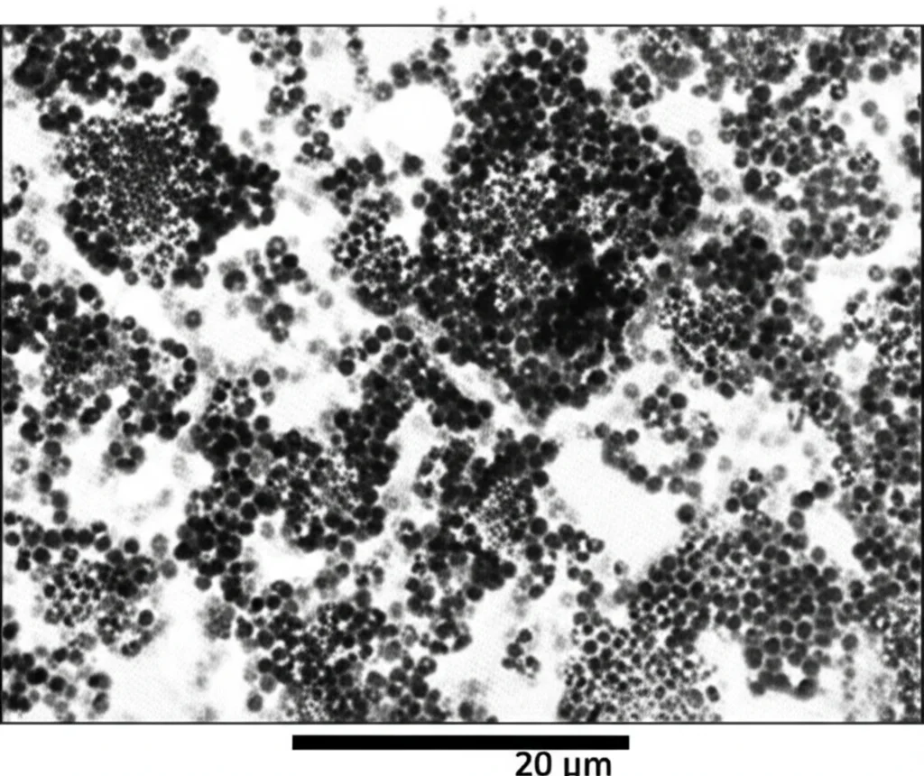 Immagine al microscopio elettronico a trasmissione (TEM) di piccole vescicole extracellulari (sEVs) isolate da cellule della polpa dentale, che mostrano la loro tipica morfologia sferica e dimensione nanometrica. Lente macro, alta definizione, illuminazione controllata, bianco e nero per dettaglio scientifico.