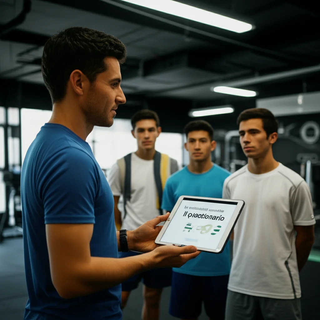 Un nutrizionista sportivo sorridente che mostra un tablet con il questionario Fuel-90 a un gruppo di calciatori attenti in un moderno centro di allenamento. Prime lens, 35mm, depth of field, luce naturale controllata.
