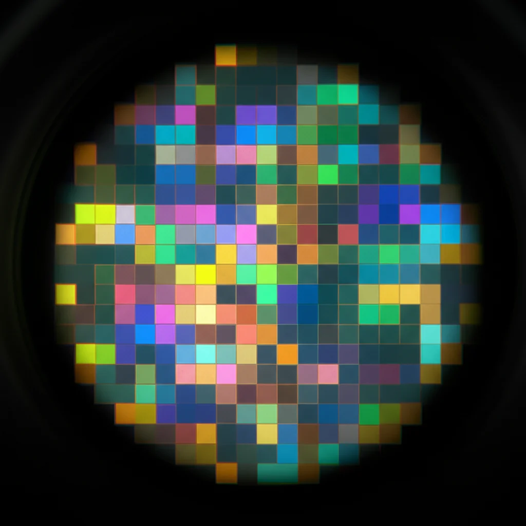 Lenti macro, 90 mm, dettagli elevati, messa a fuoco precisa, illuminazione controllata, che mostra un modello quadrato astratto, colorato e pixelato che rappresenta un'immagine FCGR di una sequenza di DNA, con alcune aree più luminose di altre, su uno sfondo scuro e pulito.