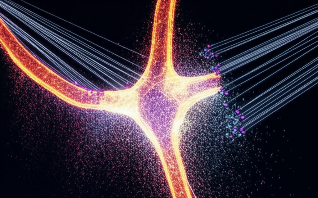 Teleto zoom, 200 mm, velocità dell'otturatore rapido, tracciamento dell'azione, raffigurante un'immagine concettuale di una rete neurale (linee e nodi luminosi) che analizzano un'immagine FCGR complessa e colorata, con linee di attenzione focalizzate su diverse parti dell'immagine, simboleggiando l'elaborazione di VIT.