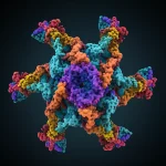 A detailed 3D rendering of a complex RNA molecule (ribozyme), showing flexible regions in motion and structured parts stable, created with precise focusing and controlled lighting as an object still life using a 60mm Macro lens.
