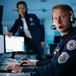 Fotografia realistica di un moderno centro di comunicazione medica d'emergenza (EMCC) in Norvegia. Un medico HEMS, in uniforme, è seduto a una postazione dedicata, circondato da schermi con dati e mappe, mentre collabora con un operatore EMCC. L'ambiente è high-tech ma focalizzato sull'interazione umana. Obiettivo prime, 35mm, profondità di campo, illuminazione controllata che evidenzia la concentrazione sui volti.