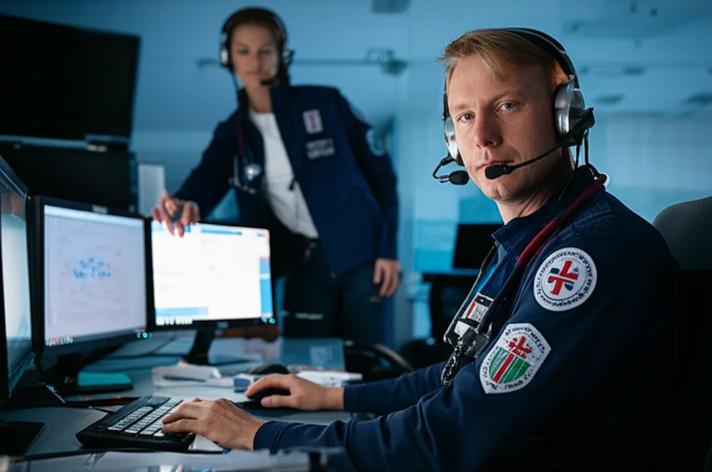Fotografia realistica di un moderno centro di comunicazione medica d'emergenza (EMCC) in Norvegia. Un medico HEMS, in uniforme, è seduto a una postazione dedicata, circondato da schermi con dati e mappe, mentre collabora con un operatore EMCC. L'ambiente è high-tech ma focalizzato sull'interazione umana. Obiettivo prime, 35mm, profondità di campo, illuminazione controllata che evidenzia la concentrazione sui volti.