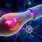 Immagine artistica e scientifica che mostra un neurone con il suo assone, evidenziando il blocco del trasporto assonale da parte di aggregati di alfa-sinucleina (corpi di Lewy stilizzati) e le vie di segnalazione AMPK/p38 MAPK illuminate. Prime lens, 35mm, depth of field, con colori contrastanti per evidenziare le aree patologiche e quelle di intervento terapeutico.