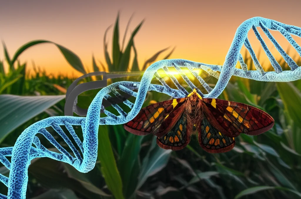 Immagine concettuale fotorealistica che illustra il controllo genetico dei parassiti: una falena Spodoptera frugiperda stilizzata con una doppia elica di DNA sovrapposta, una parte della quale è evidenziata o 'tagliata' con forbici molecolari (simbolo CRISPR). Sfondo sfocato di un campo di mais al tramonto. Obiettivo prime 35mm, profondità di campo ridotta per focalizzare sulla falena e il DNA, toni caldi e drammatici.