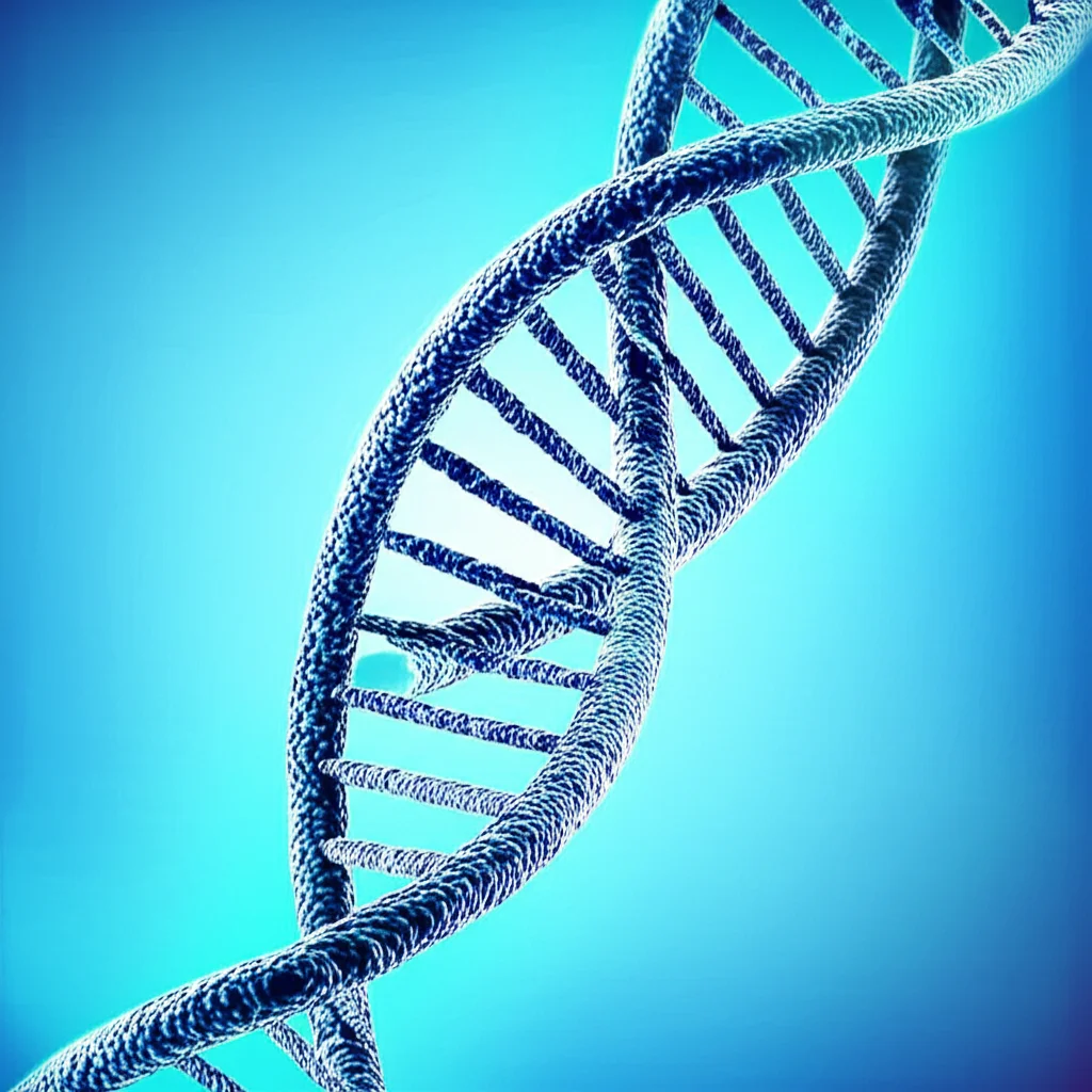 Lente principale, 35 mm, profondità di campo, duotone (ciano e blu intenso), che mostra una doppia elica del DNA stilizzata trasformandosi perfettamente in un'immagine FCGR complessa e pixelata, con deboli connessioni di rete neurale luminosa sovrapposta, che simboleggia l'analisi AI del codice genetico.