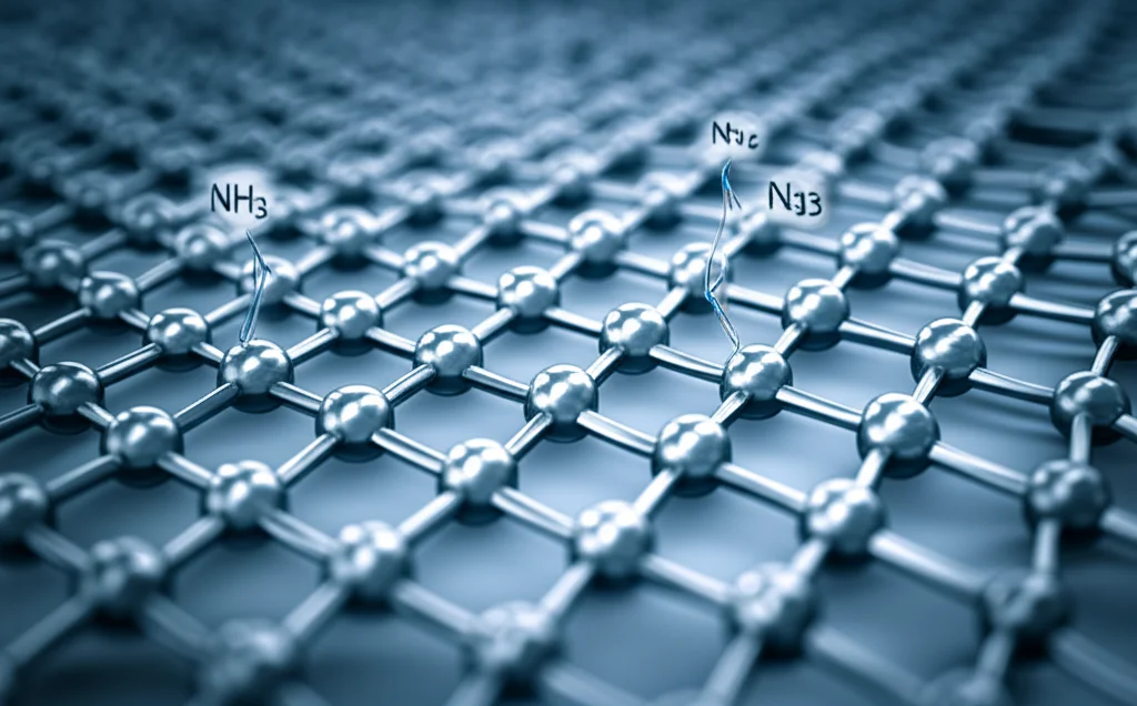 Rappresentazione artistica e scientifica di catalizzatori a singolo atomo del gruppo del ferro, con atomi metallici isolati su un supporto nanostrutturato, che illustra il concetto di sintesi e decomposizione dell'ammoniaca. Illuminazione drammatica, profondità di campo, focale 35mm, toni blu e argento duotone.