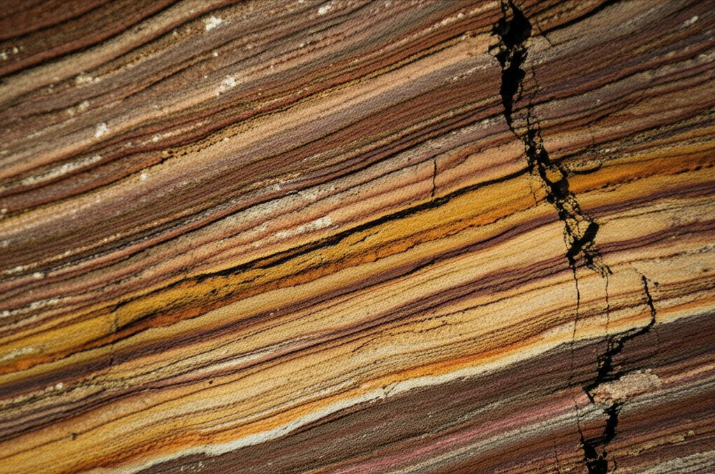 Strati geologici di roccia sedimentaria visti da vicino, illuminazione laterale drammatica che ne esalta la texture e i diversi colori caldi e freddi, obiettivo macro 60mm, alta definizione, messa a fuoco precisa su uno strato particolare ricco di dettagli fossili.