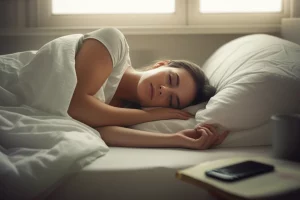 Una persona dorme serenamente in un letto confortevole, avvolta da lenzuola chiare, in una camera da letto con una luce soffusa che entra dalla finestra. Accanto al letto, su un comodino, c'è un libro aperto invece di uno smartphone, suggerendo buone abitudini di sonno. Prime lens, 35mm, depth of field, atmosfera calma e rilassante, colori tenui.
