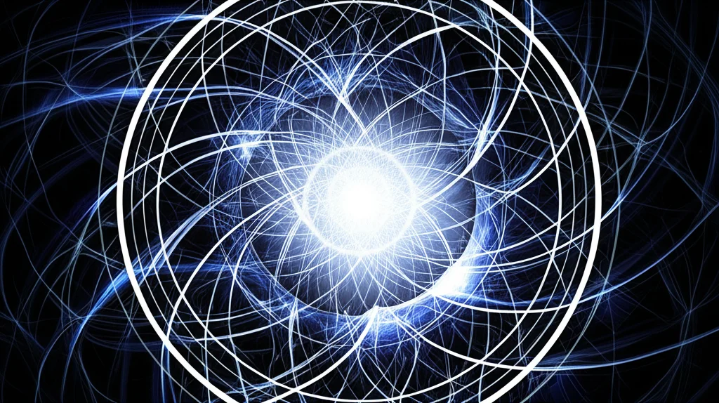 Un'immagine astratta e concettuale che fonde elementi della logica matematica, come diagrammi e simboli, con rappresentazioni stilizzate di fenomeni fisici quantistici e statistici. Utilizzare un obiettivo prime da 50mm con una profondità di campo ridotta per focalizzare l'attenzione su un punto di convergenza tra i due mondi, illuminazione drammatica laterale, bianco e nero con un singolo accento di colore (es. blu elettrico) per evidenziare la 'rotazione di Wick'.