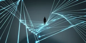 Un'immagine concettuale che rappresenta la complessità dei dati sanitari: forse una figura umana stilizzata che guarda un intreccio di linee luminose (dati) con alcune che si impennano bruscamente, simboleggiando i picchi di rischio per specifici infortuni. L'ambiente è sobrio, quasi da laboratorio di analisi, con un'illuminazione controllata che mette in risalto i "dati". Obiettivo prime 35mm, profondità di campo, toni blu e grigi duotone.