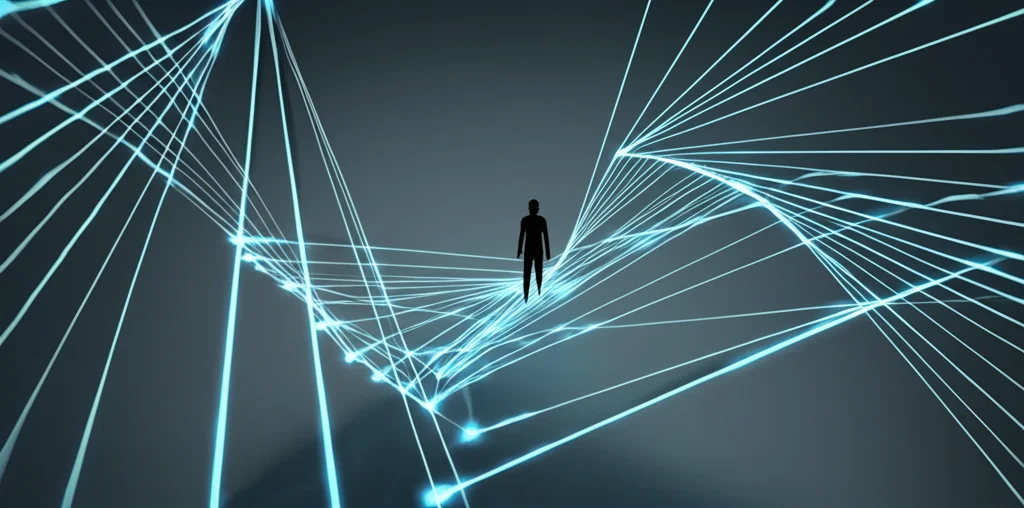 Un'immagine concettuale che rappresenta la complessità dei dati sanitari: forse una figura umana stilizzata che guarda un intreccio di linee luminose (dati) con alcune che si impennano bruscamente, simboleggiando i picchi di rischio per specifici infortuni. L'ambiente è sobrio, quasi da laboratorio di analisi, con un'illuminazione controllata che mette in risalto i "dati". Obiettivo prime 35mm, profondità di campo, toni blu e grigi duotone.