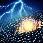 Visualizzazione artistica di un atomo di calcio al centro di una struttura molecolare complessa su un supporto di carbonio, con un atomo di azoto assiale evidenziato da un bagliore. Lo sfondo mostra flussi di energia simili a fulmini che simboleggiano l'efficienza di una batteria sodio-zolfo. Obiettivo prime 35mm, duotone blu scuro e giallo brillante, profondità di campo per mettere a fuoco il sito attivo del calcio con l'azoto.