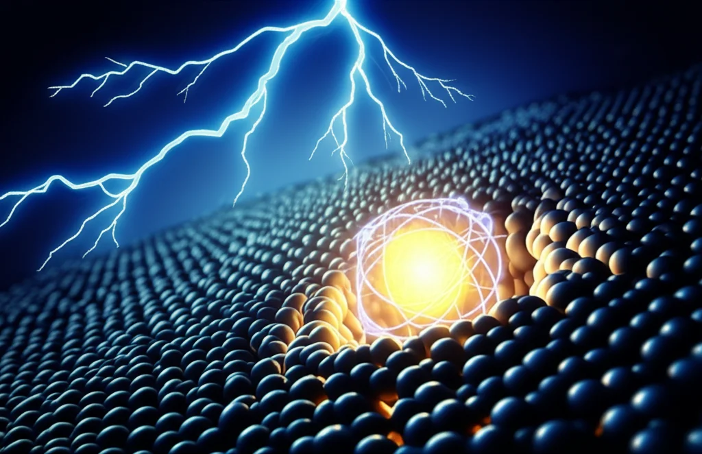 Visualizzazione artistica di un atomo di calcio al centro di una struttura molecolare complessa su un supporto di carbonio, con un atomo di azoto assiale evidenziato da un bagliore. Lo sfondo mostra flussi di energia simili a fulmini che simboleggiano l'efficienza di una batteria sodio-zolfo. Obiettivo prime 35mm, duotone blu scuro e giallo brillante, profondità di campo per mettere a fuoco il sito attivo del calcio con l'azoto.