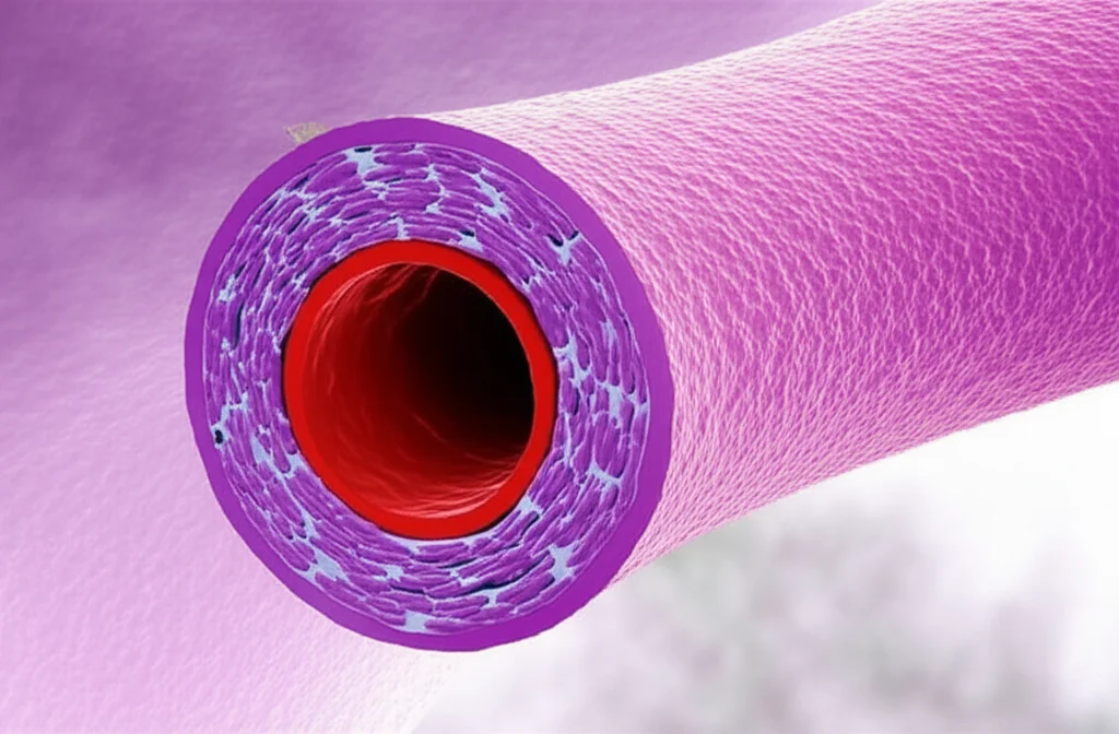 Immagine macro ad alta definizione di una sezione trasversale di un'arteria umana che mostra cellule endoteliali. Illuminazione controllata per evidenziare la struttura cellulare e potenziali placche aterosclerotiche iniziali. Obiettivo macro 100mm, messa a fuoco precisa sui dettagli delle cellule e sull'interfaccia sangue-vaso, a simboleggiare lo studio dello stress da flusso e l'aterosclerosi.
