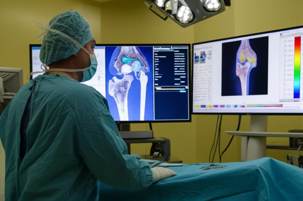Un chirurgo ortopedico in una sala operatoria moderna, mentre esamina un modello 3D di una frattura del piatto tibiale su un grande schermo ad alta definizione. Accanto, un altro schermo mostra simulazioni di stress biomeccanico con codifica a colori. Luce controllata, focus preciso sul chirurgo e sullo schermo. Obiettivo prime, 35mm, profondità di campo.