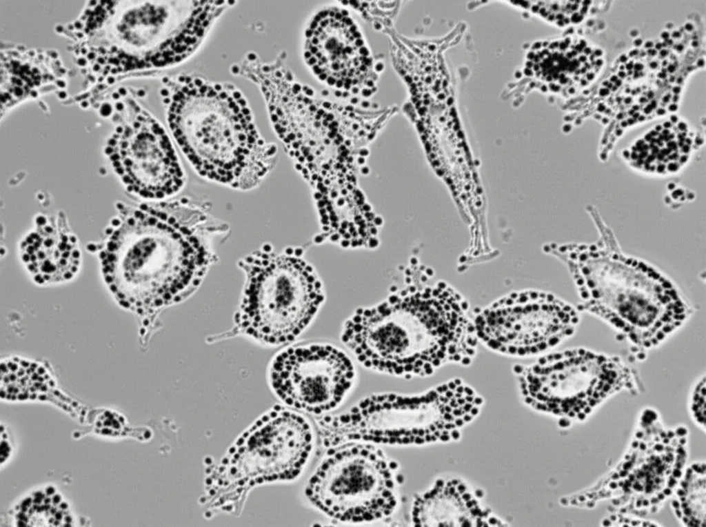 Immagine macro di cellule trofoblastiche placentari umane in coltura, alcune mostrano segni di stress o apoptosi, con illuminazione da microscopia a contrasto di fase, obiettivo 60mm, alta definizione, per illustrare la disfunzione cellulare nella preeclampsia.