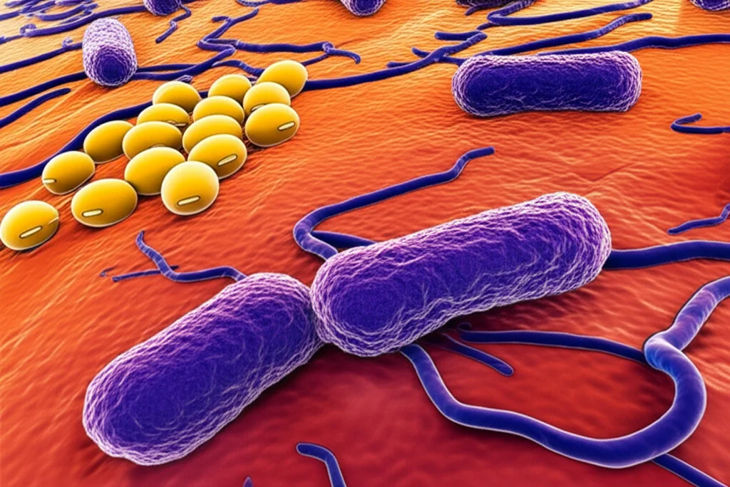 Macro fotografia, obiettivo 90mm, di una colorata e diversificata colonia di batteri intestinali, con forme sferiche, a bastoncello e a spirale, illuminazione controllata per evidenziare i dettagli e la tridimensionalità, a simboleggiare la ricchezza del microbiota. Sullo sfondo, appena sfocati, alcuni semi di soia.