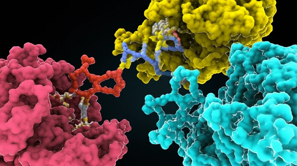 Visualizzazione artistica 3D di una molecola di microRNA (miR-155-5p) che si lega a una sequenza di mRNA (PIK3R1), con colori vivaci per distinguere le molecole, sfondo scuro per far risaltare i dettagli, illuminazione drammatica, stile bio-illustrativo ad alta risoluzione, obiettivo macro 100mm.
