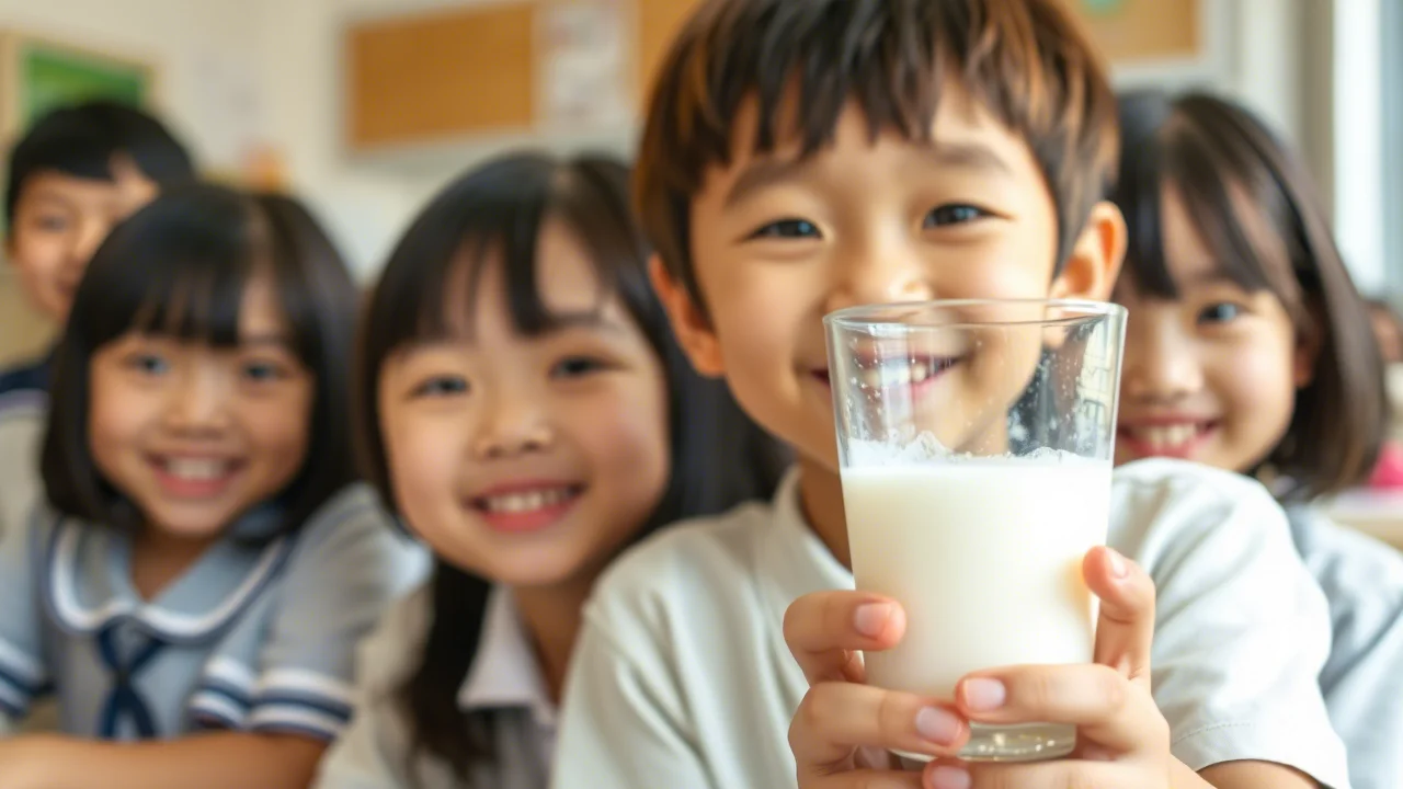 Bambini giapponesi sorridenti a scuola, uno di loro tiene in mano un bicchiere di latte di soia. L'immagine è un ritratto di gruppo, obiettivo 35mm, con una leggera profondità di campo per mettere a fuoco i bambini in primo piano, luce naturale e colori vivaci. Lo sfondo mostra un'aula scolastica o una mensa.