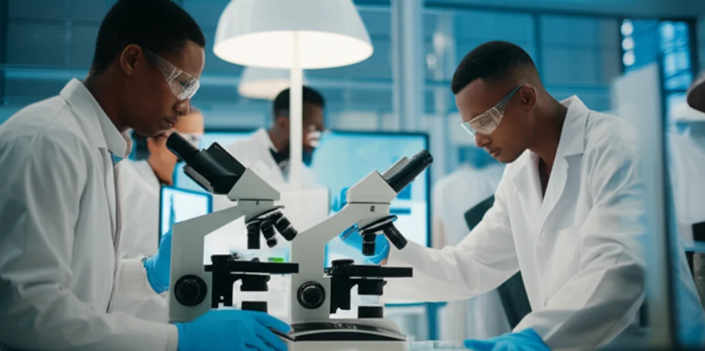 Ricercatori in un laboratorio moderno che analizzano campioni con microscopi e attrezzature high-tech, concentrati e collaborativi, con un accenno a grafici di dati su schermi, illuminazione da laboratorio pulita e brillante, obiettivo 35mm per un contesto più ampio.