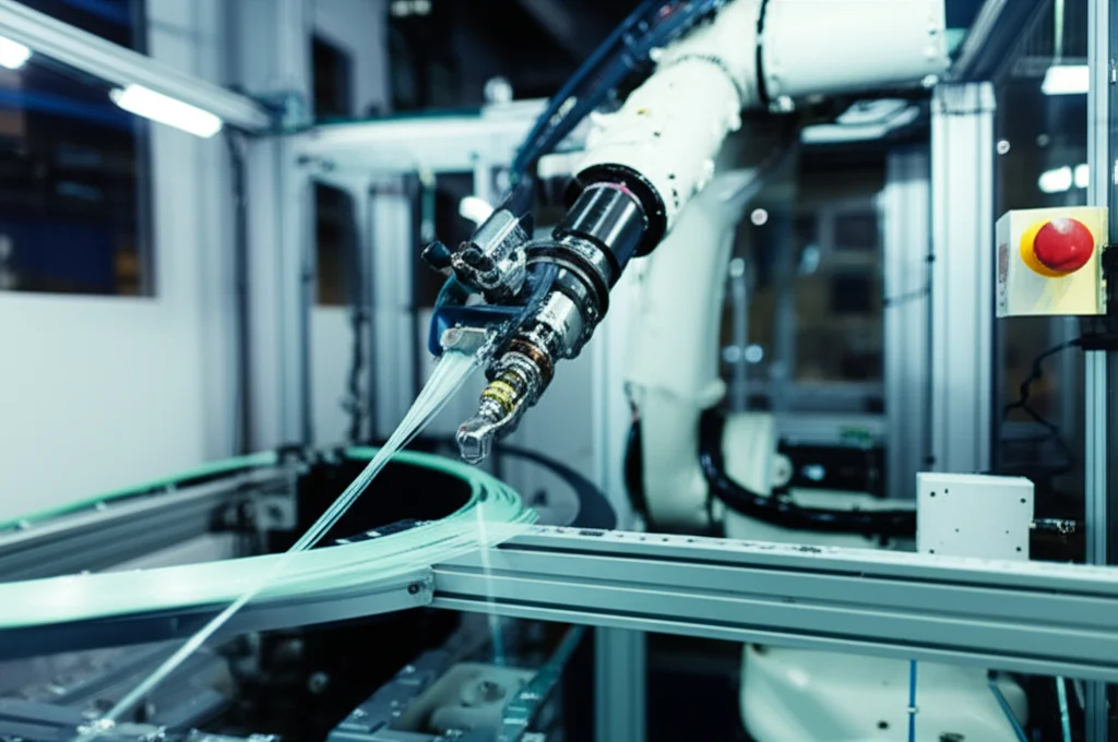 Fotografia di un braccio robotico industriale che avvolge meticolosamente fibre luminose di vetro impregnate di resina attorno a un telaio metallico complesso in un laboratorio high-tech, obiettivo prime 35mm, illuminazione controllata, alta definizione per i dettagli delle fibre e del telaio.