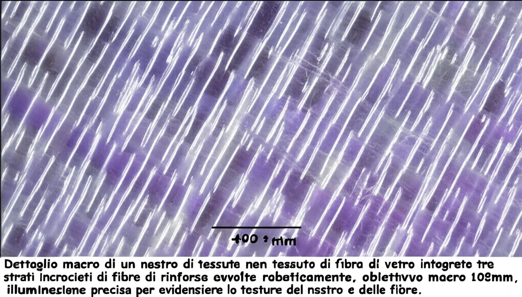 Dettaglio macro di un nastro di tessuto non tessuto di fibra di vetro integrato tra strati incrociati di fibre di rinforzo avvolte roboticamente, obiettivo macro 105mm, illuminazione precisa per evidenziare la texture del nastro e delle fibre.