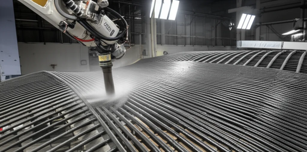 Azione di un ugello robotico che spruzza calcestruzzo con precisione su una struttura complessa di fibre e nastro tessile tesa su un telaio, creando una superficie curva e sottile. Obiettivo teleobiettivo zoom 100-400mm, fast shutter speed per congelare le particelle di calcestruzzo, illuminazione industriale.