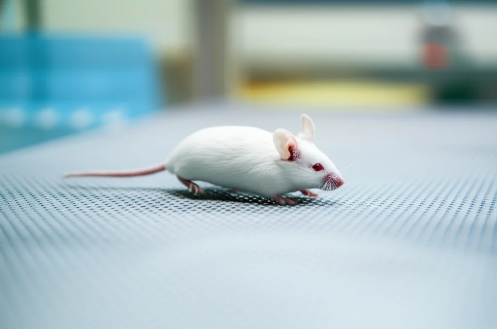 Modello murino da laboratorio in un ambiente controllato, con focus sull'animale, a simboleggiare la ricerca preclinica sulle varianti CHEK2. Telephoto zoom, 150mm, fast shutter speed, action or movement tracking per un'immagine dinamica ma scientifica.