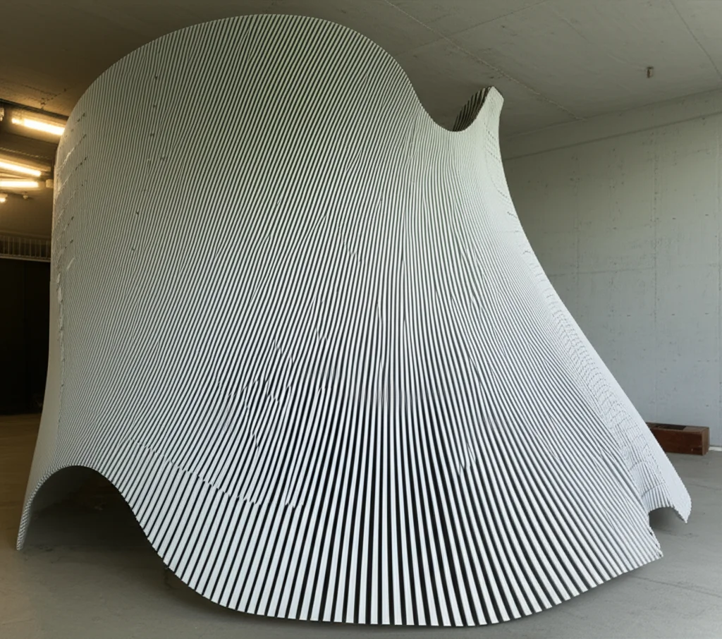 Fotografia di un elegante segmento di padiglione in calcestruzzo a doppia curvatura, risultato della fabbricazione robotizzata con avvolgimento di fibre e calcestruzzo proiettato, esposto in un ambiente moderno e luminoso. Obiettivo grandangolare 24mm, luce naturale diffusa, profondità di campo per mostrare la forma e la texture.