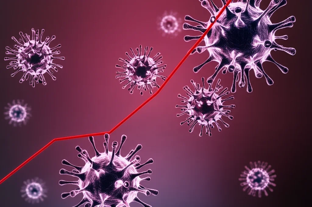 Un grafico concettuale che mostra una linea rossa (influenza A) che sale bruscamente dopo un periodo piatto, sovrapposto a una stilizzazione di cellule virali. Macro lens, 60mm, high detail, precise focusing, controlled lighting, colori rosso e blu duotone.