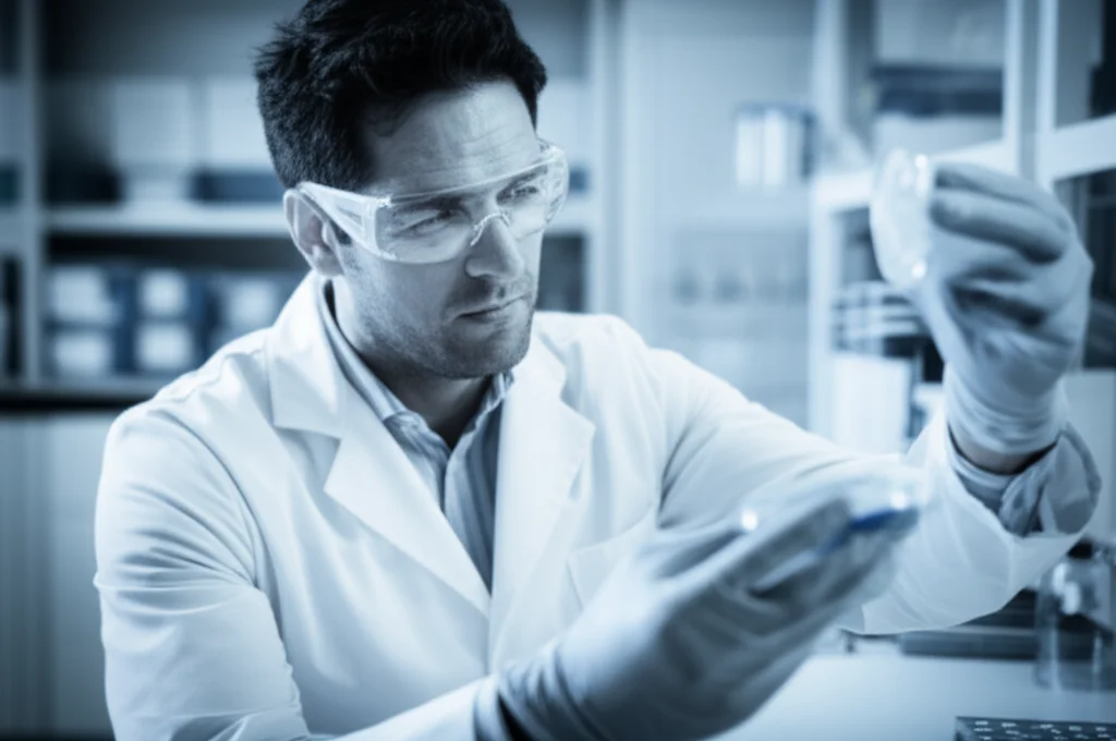 Un ritratto di un ricercatore scientifico maschio di mezza età, con occhiali protettivi, concentrato mentre esamina una piastra di Petri in un laboratorio moderno e ben illuminato. Prime lens, 35mm, depth of field, duotone blu e grigio.