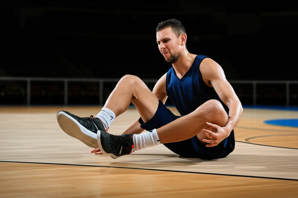 Action shot, telephoto zoom lens, 200mm, di un atleta che atterra goffamente su un piede solo durante una partita di basket, con la caviglia in una posizione di torsione critica. L'immagine cattura la tensione muscolare e l'espressione di dolore imminente. Fast shutter speed, movement tracking. Illuminazione drammatica da stadio.