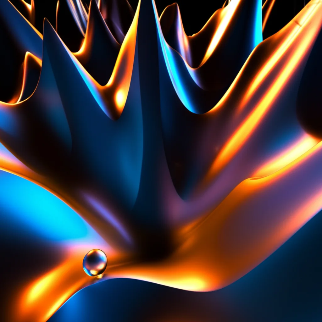 Visualizzazione 3D astratta di un paesaggio energetico, wide-angle lens, 15mm. Superficie liscia e ondulata con picchi (instabilità) e valli (stabilità) in duotono blu freddo e arancione caldo. Una piccola sfera luminosa è mostrata mentre rotola lungo un sentiero verso una valle profonda, mentre un altro sentiero la porterebbe a superare un 'passo di montagna' (punto critico). Sharp focus, long exposure per un effetto di movimento fluido.