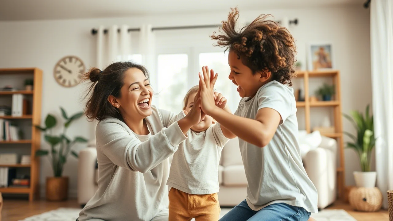 Una giovane madre sorridente e piena di energia che gioca attivamente con il suo bambino in un salotto luminoso e accogliente. La scena trasmette gioia e connessione. Prime lens, 35mm, depth of field, colori naturali e caldi.