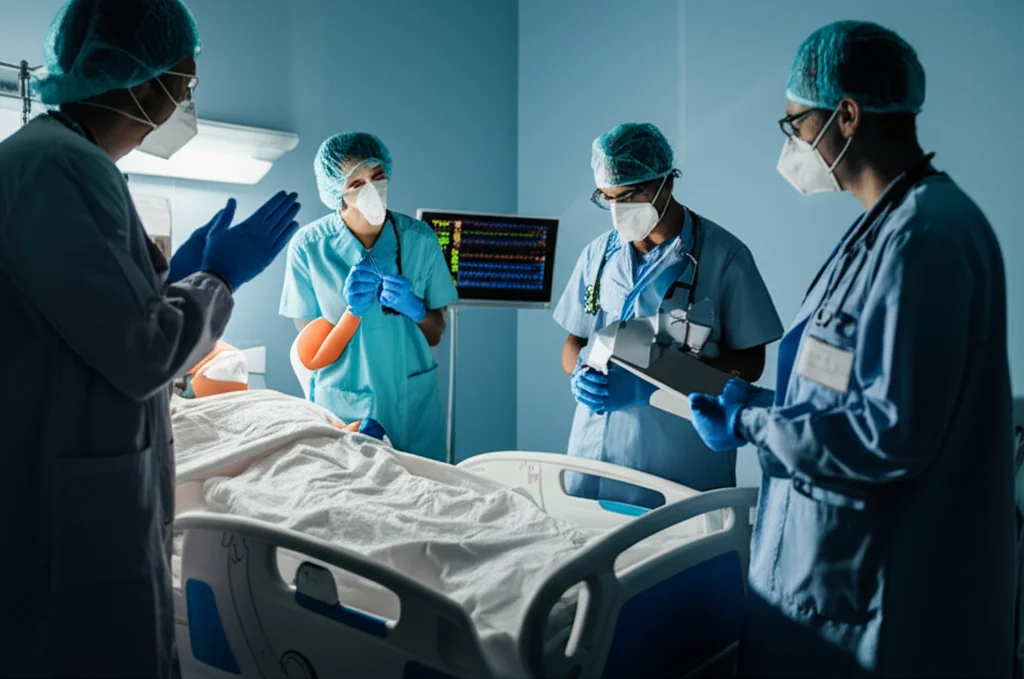 Un team di medici e infermieri in una unità di terapia intensiva moderna, che discutono attorno al letto di un paziente COVID-19. L'ambiente è illuminato da luci cliniche, con monitor che mostrano grafici vitali. Obiettivo prime, 35mm, profondità di campo per mettere a fuoco il team e sfocare leggermente lo sfondo, trasmettendo serietà e collaborazione.