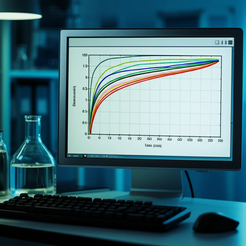 Visualizzazione grafica di curve ROC (Receiver Operating Characteristic) su uno schermo di computer in un laboratorio di analisi. Le curve colorate mostrano la performance di diversi biomarcatori nel predire un outcome. Macro lens, 100mm, high detail, precise focusing, controlled lighting, con un leggero effetto duotone blu e verde per un look scientifico e moderno.