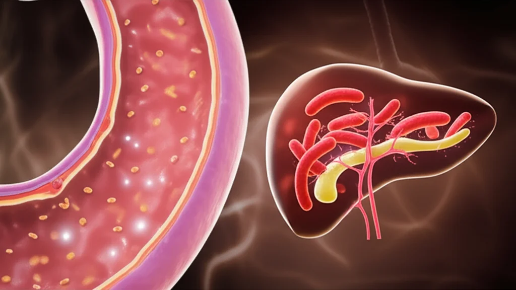Macro lens, 60mm, high detail, precise focusing, controlled lighting. Un'immagine concettuale che rappresenta l'asse intestino-fegato, con una stilizzazione di batteri che viaggiano da un intestino astratto a un fegato, con sottili accenni all'influenza dell'alcol sullo sfondo.