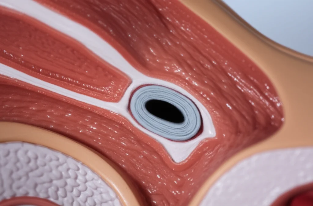 Macro shot, 60mm lens, di un modello anatomico altamente dettagliato che mostra la giunzione esofago-gastrica, con una sottile retroilluminazione per evidenziare la sua complessa struttura muscolare e la delicata transizione tra esofago e stomaco. Messa a fuoco precisa sulla zona dello sfintere, illuminazione controllata.