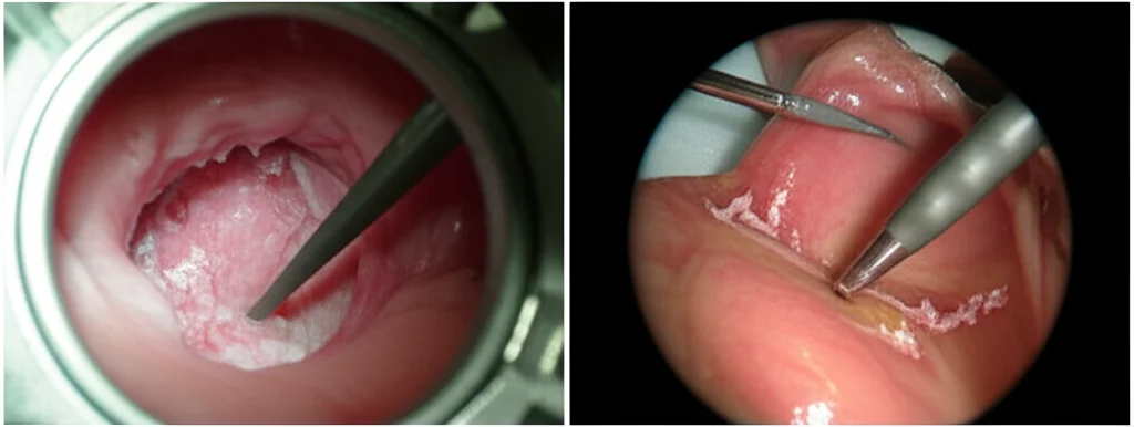 Immagine divisa: a sinistra, un primo piano ad alto dettaglio di uno strumento endoscopico che rimuove con cura un tumore dallo strato sottomucoso, illuminazione controllata, lente macro 100mm. A destra, una visione laparoscopica all'interno dell'addome con strumenti vicino allo stomaco, effetto teleobiettivo zoom, 100mm, che cattura la precisione della chirurgia, fast shutter speed.