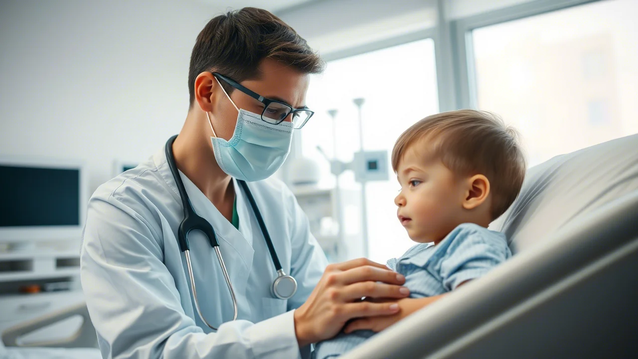 Un medico pediatra con mascherina esamina con attenzione un bambino in un letto d'ospedale moderno e luminoso, focus su espressioni di cura e professionalità. Obiettivo prime da 35mm, luce naturale soffusa dalla finestra, profondità di campo che sfoca leggermente lo sfondo per concentrarsi sull'interazione. Stile documentaristico empatico.