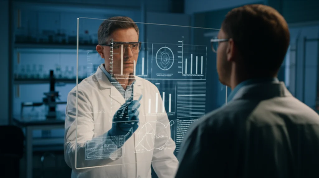 Un ricercatore in un laboratorio moderno analizza grafici complessi sulla resistenza antimicrobica su un grande schermo trasparente, primo piano, illuminazione controllata, alta definizione, obiettivo da 50mm, profondità di campo.