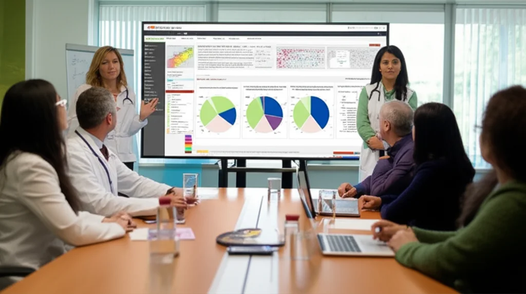 Un team di scienziati e operatori sanitari in una sala riunioni discute dati visualizzati su un grande schermo che mostra la dashboard TyphiNET, con mappe e grafici sulla diffusione della Salmonella Typhi, fotografia di gruppo, obiettivo da 35mm, luce naturale da finestra, profondità di campo.