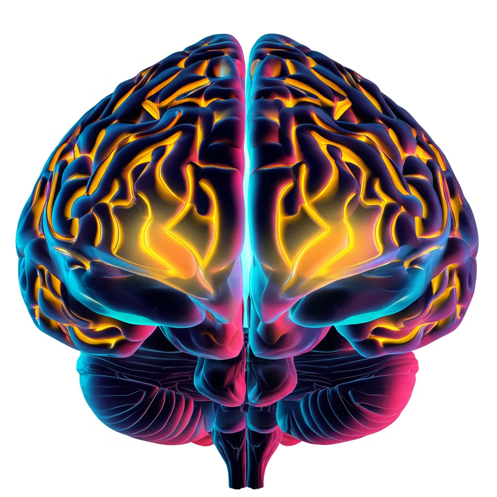 Un'immagine macro di un cervello umano stilizzato, con aree illuminate che rappresentano l'attività neurale e le connessioni sinaptiche, illuminazione controllata e messa a fuoco precisa sui dettagli delle circonvoluzioni, obiettivo macro 90mm, alta definizione, per illustrare la complessità dell'organo studiato.