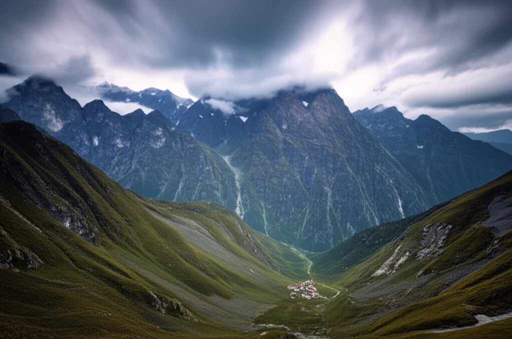 Un'ampia catena montuosa del Sichuan Occidentale, paesaggio grandangolare 10mm, cielo drammatico con nuvole soffici per lunga esposizione, un accenno a un piccolo villaggio in lontananza per dare scala.